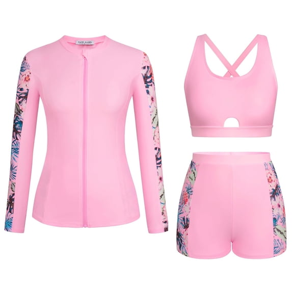Hiijoy Girls 3-Piece Swimsuit Long Sleeve Rash Guard Surfing Suit UPF 50+ Bathing Suit, Sizes 11-16