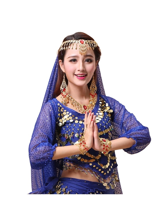 Girls Belly Dance Crop Top Mesh Sequin Crew Neck Crop Top Lantern 3/4 Sleeves Shirt