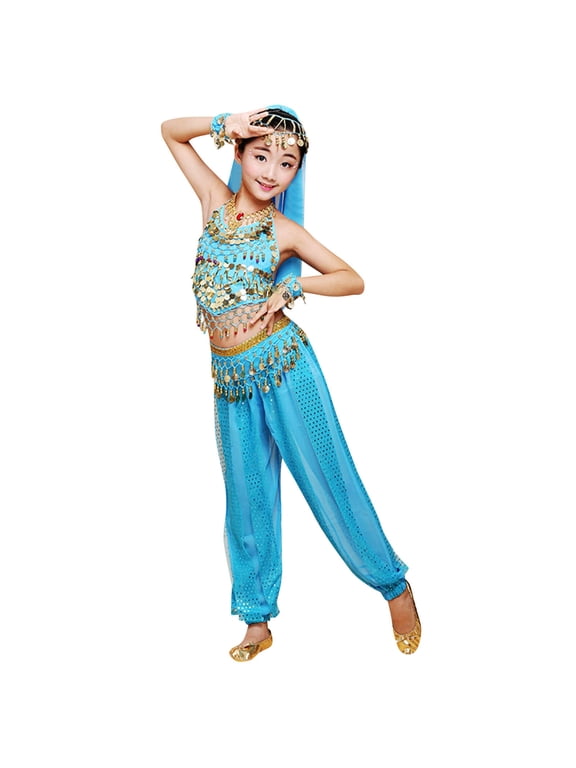 Girls Belly Dance Outfits Sequin Halter Top Harem Pants Head Scarf Set Outfit Set
