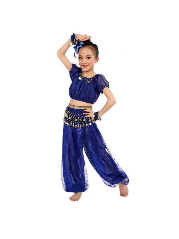 Girls Belly Dance Outfits Stage Sequins Short Sleeve Crop Top Pants Set Kids Clothes Sets