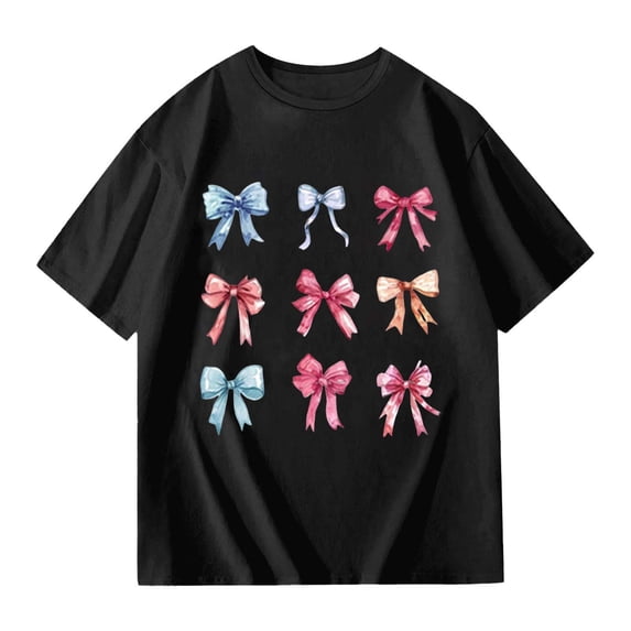 Hiijoy Girls Black T-Shirt Oversized Bow Graphic Short Sleeve O-Neck T Shirt, Sizes 1-10