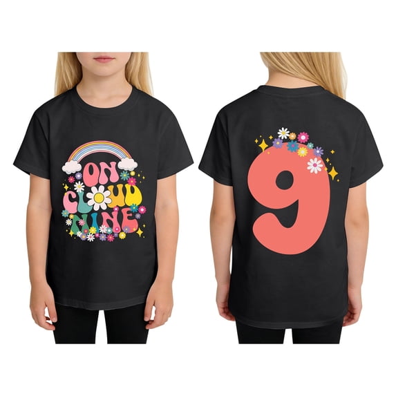 Hiijoy Girls Black Tee Shirt Birthday Letter Print Short Sleeves Round Neck Tshirt, Sizes 0-13