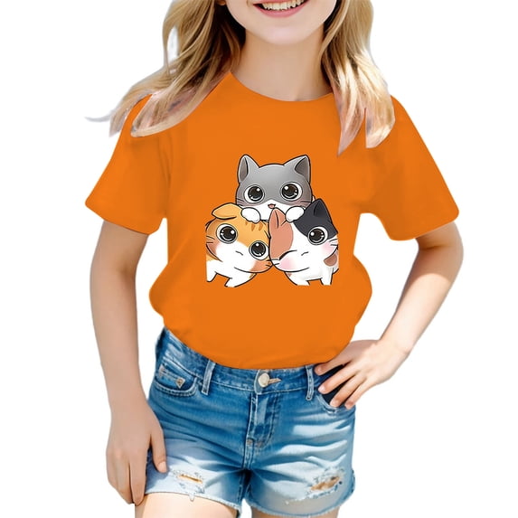 Hiijoy Girls Cartoon Cat Graphic Tee Short Sleeve Crew Neck T-Shirt for Kids