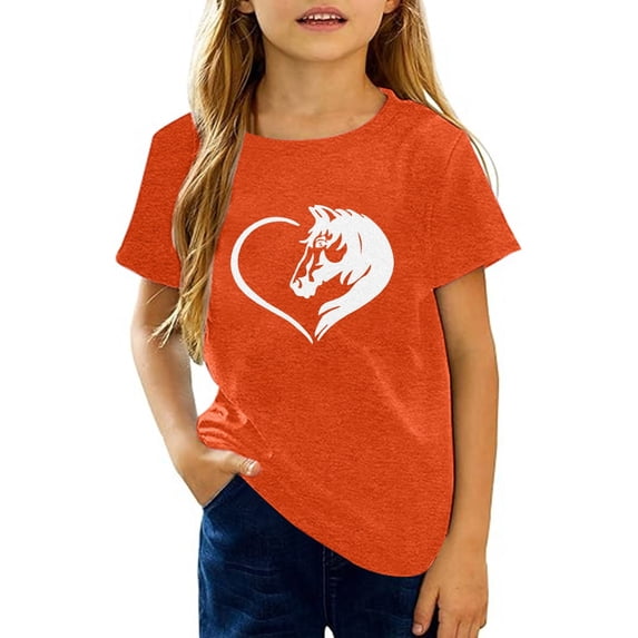 Hiijoy Girls Casual Graphic Tee Horse Print Short Sleeve Round Neck T-Shirt Top, Sizes 3-13