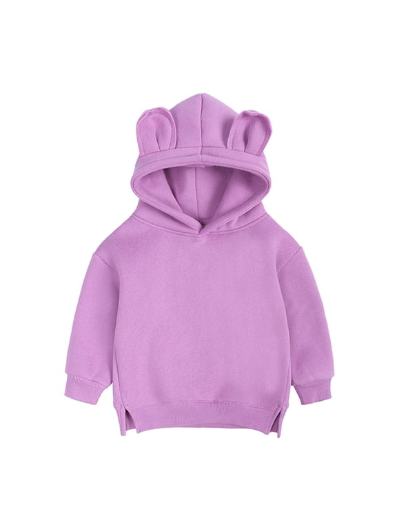 Girls Casual Hoodie Long Sleeve Bear Hood Sweatshirt Solid Color Side Slit Pullover