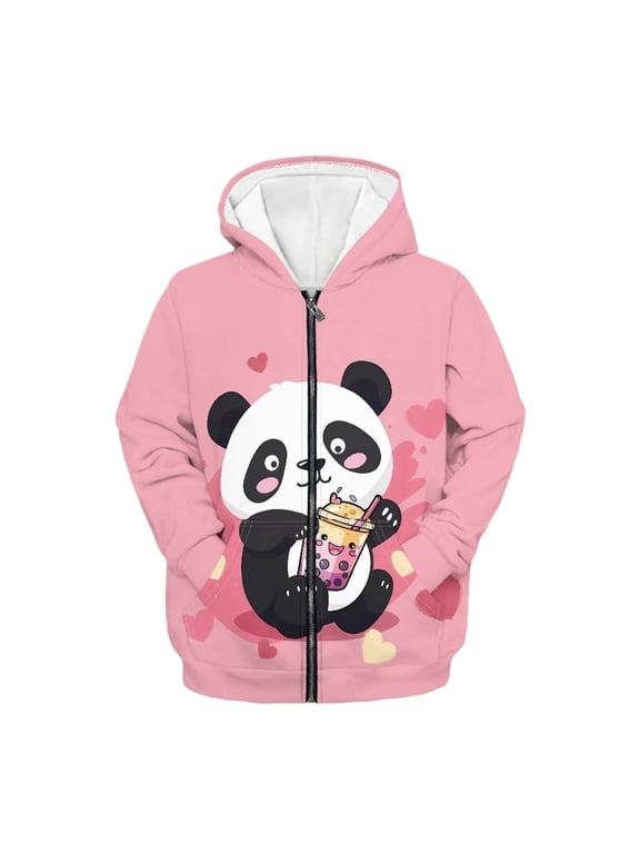 Girls Casual Hoodie Panda Print Full Zip Hooded Sweatshirt Kids Long Sleeve Jacket