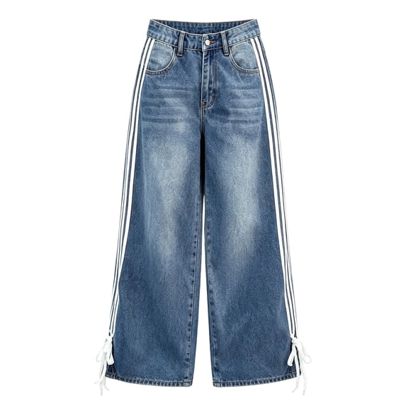 Hiijoy Girls Casual Jeans Side Stripes Drawstring Jeans Kids Straight Loose Denim Pants