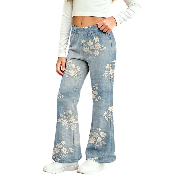 Hiijoy Girls Casual Jeggings Flared Floral Print Jeggings Kids Stretch Denim Pants