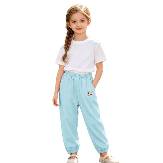 Hiijoy Girls Casual Pants Summer Lightweight Pants for Kids Loose Elastic Waist Trousers