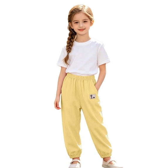 Hiijoy Girls Casual Pants Summer Lightweight Pants for Kids Loose Elastic Waist Trousers