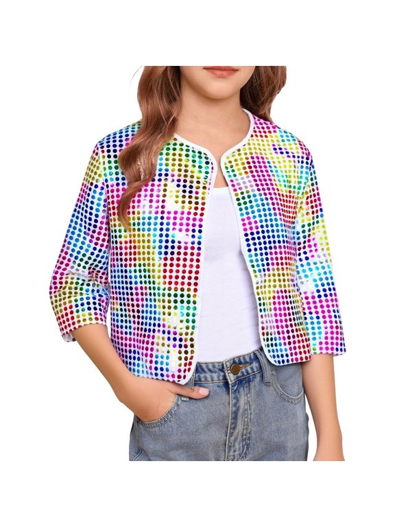 Girls Cheerleader Jackets Shine Up Sequins Cardigan Tops Stage Performance Jackets