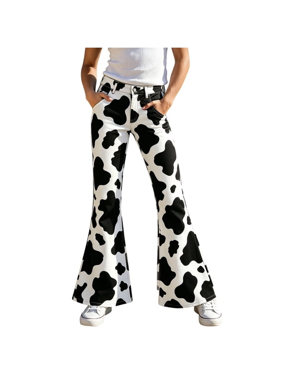 Girls Cow Print Flared Pants Kids Casual Pants Fashion High Waist Slim Fit Trousers