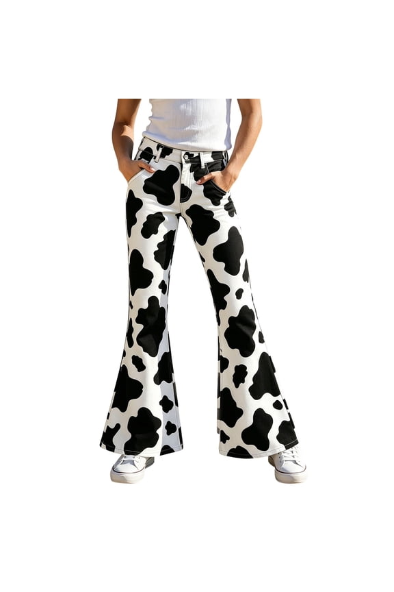 Girls Cow Print Flared Pants Kids Casual Pants Fashion High Waist Slim Fit Trousers