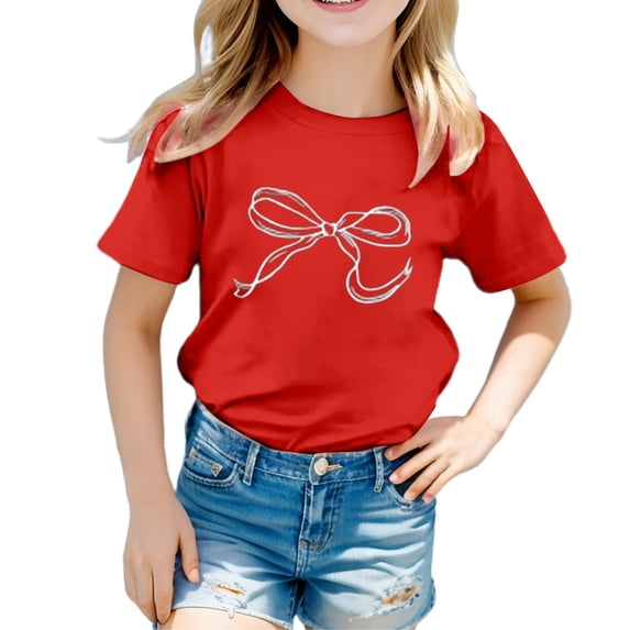 Hiijoy Girls Cute Bow Print Short Sleeve T Shirt Summer Casual Crewneck Tshirt, Sizes 1-13