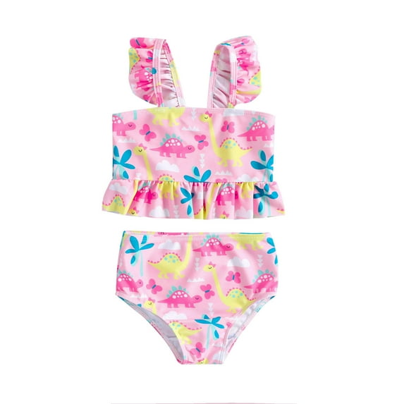 Hiijoy Girls Cute Dinosaur Print Bikini Swimsuit Ruffle Swimwear Bathing Suit, Sizes 18M-6Y