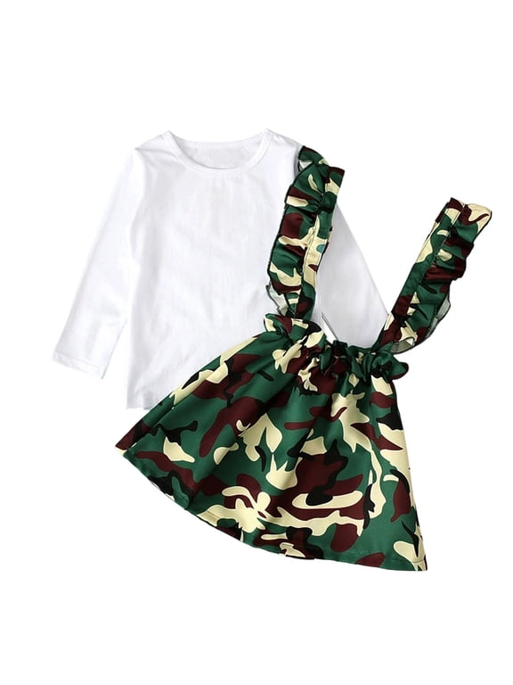 Girls Fall Outfits Long Sleeve Shirt Camo Print Ruffle Strap Romper Dress Set 2Pcs