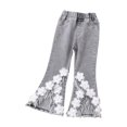 thumbnail image 1 of Hiijoy Girls Flared Jeans Lace Flowers Side Slit Jeans Elastic Waist Denim Pants for Kids, 1 of 5