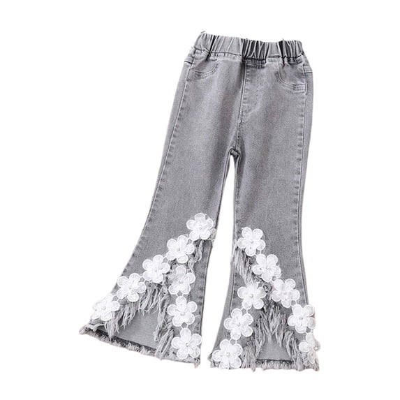 Hiijoy Girls Flared Jeans Lace Flowers Side Slit Jeans Elastic Waist Denim Pants for Kids
