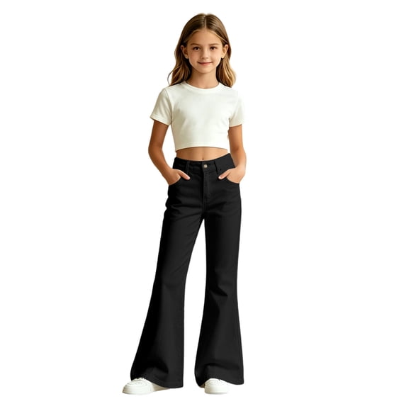 Hiijoy Girls Flared Pants High Waist Slim Fit Pants Solid Color Causal Pockets Trousers