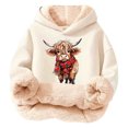 thumbnail image 1 of Hiijoy Girls Sherpa Hoodie Cute Cow Graphic Pullover Sweatshirt, Beige, Sizes 3-16, 1 of 4