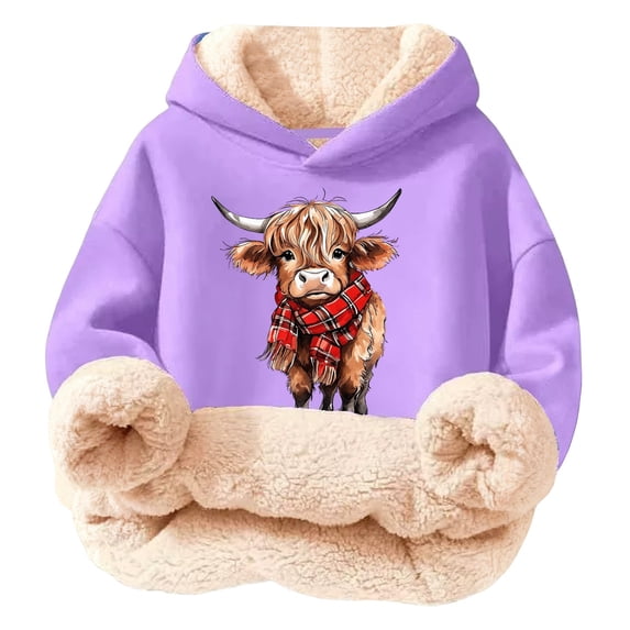 Hiijoy Girls Sherpa Hoodie Cute Cow Graphic Pullover Sweatshirt, Purple, Sizes 3-16
