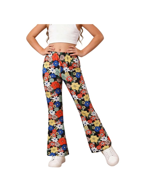 Girls Flower Print Flared Leggings Casual Stretch Pants Active Elastic Waist Pants