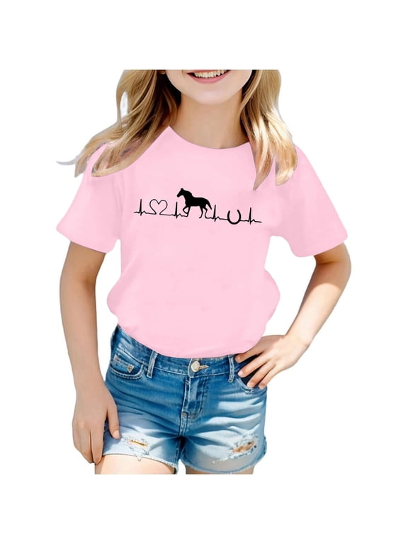 Girls Graphic T-Shirt Horse Print Short Sleeve T Shirt Casual Tshirt, Sizes 1-13