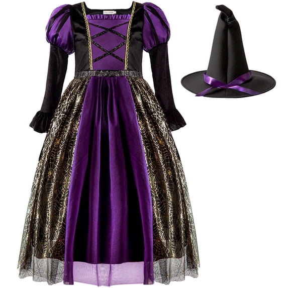 Hiijoy Girls Halloween Outfits Role Play Long Sleeve Witch Mesh Tulle Dress Hat Set 2Pcs