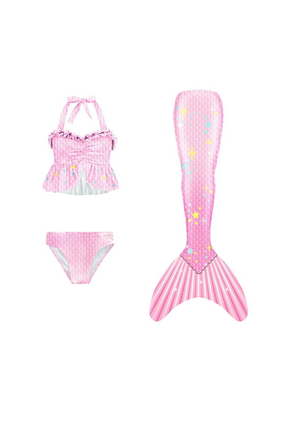 Girls Halter Ruffle Bikini Fish Tail Set 3Pcs Swimsuit Bathing Suits, Sizes 4-13