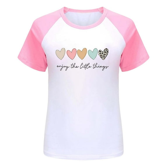 Hiijoy Girls Hearts Print Short Sleeve T-Shirt Crew Neck Summer Casual T Shirt