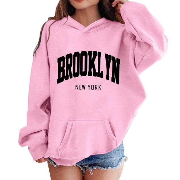 Hiijoy Girls Hoodies Brooklyn Print Long Sleeve Pullover Casual Fall Sweatshirts