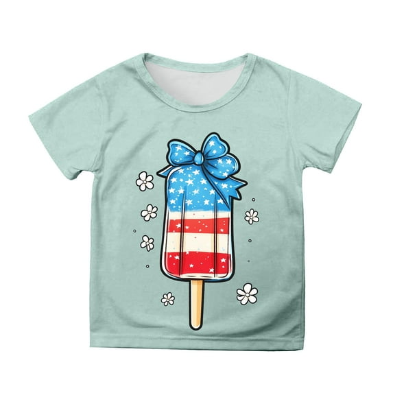 Hiijoy Girls' Independence Day T-Shirt Americana Short Sleeve Crew Neck T Shirt, Sizes 3-13