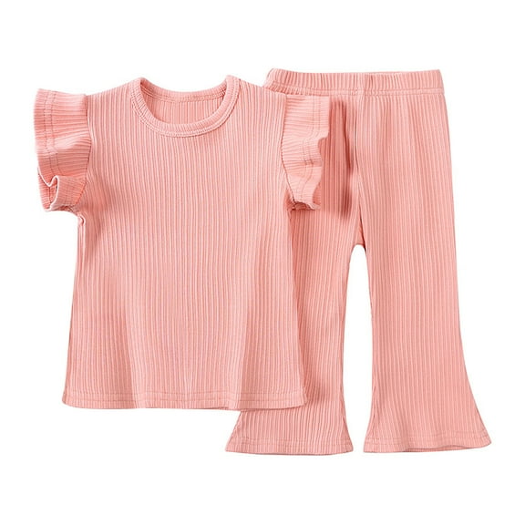 Hiijoy Girls Knitted Rib Pajamas Ruffle Sleeve T-Shirt Flared Pants Cotton Sleepwear
