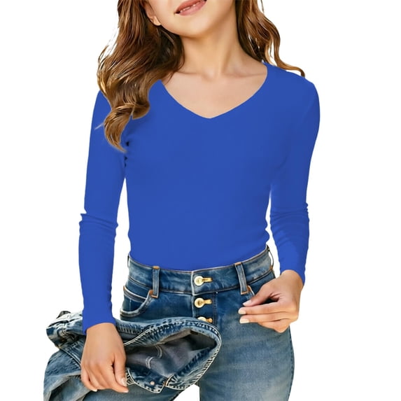Hiijoy Girls Long Sleeve Ribbed V Neck T Shirt Fitted Stretch T-Shirt Undershirt Top, Sizes 7-14