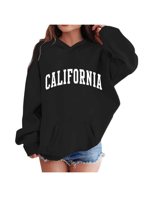 Girls Loose Hoodies California Print Long Sleeve Pullover Fall Winter Sweatshirts