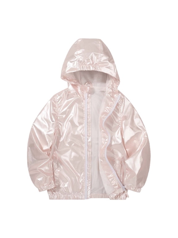 Girls Metallic Hooded Windbreaker Jacket Shiny Zip Up Waterproof Jacket Fall Lightweight Coat