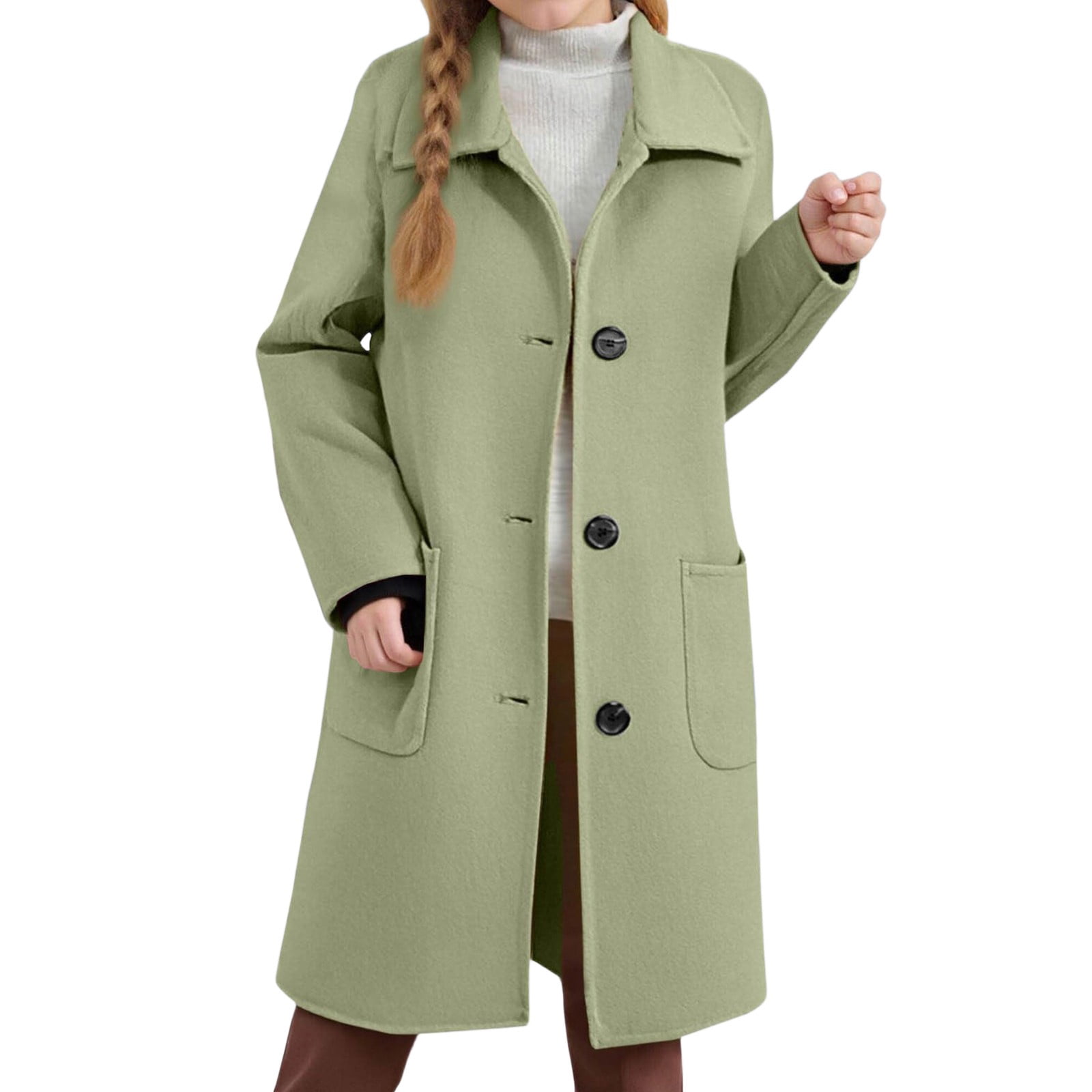 Hiijoy Girls Mid Length Wool Coat Button Down Collared Coat Kids Long ...