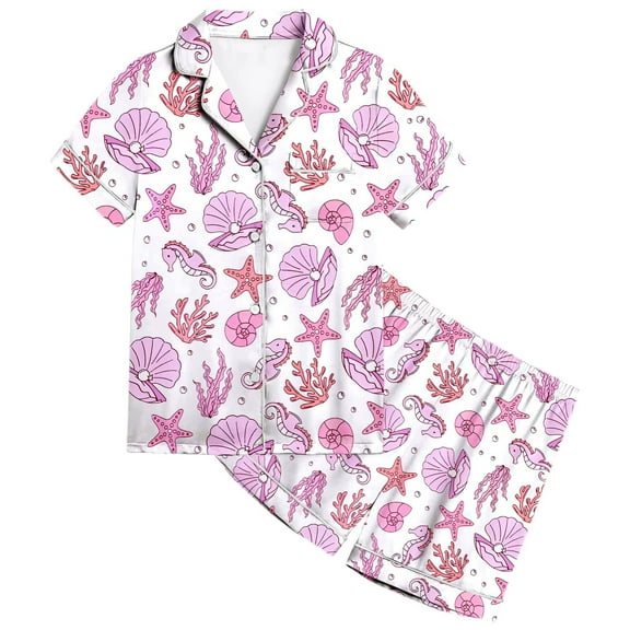 Hiijoy Girls Ocean Theme Pajamas Short Sleeve Button Top Shorts Sleepwear