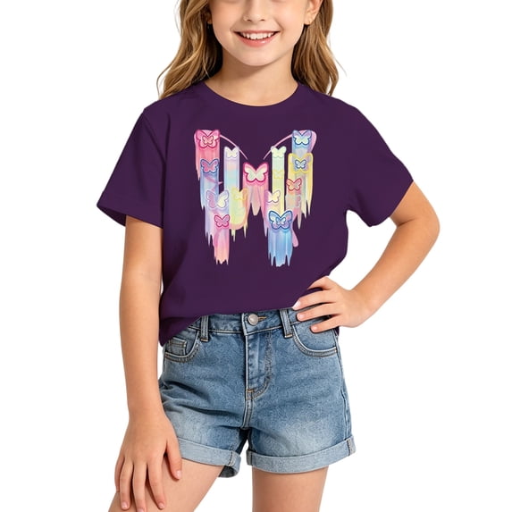 Hiijoy Girls Purple T-Shirt Butterfly Graphic Short Sleeved Crew Neck T Shirt, Sizes 2-14