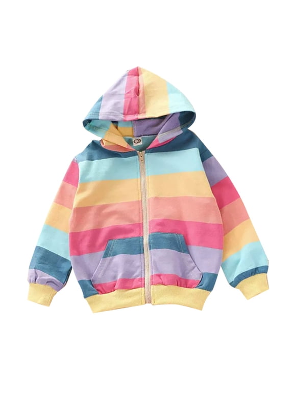 Girls Rainbow Striped Zip Up Hoodie Casual Preppy Sweatshirt Jacket, Pink, Sizes 2-8