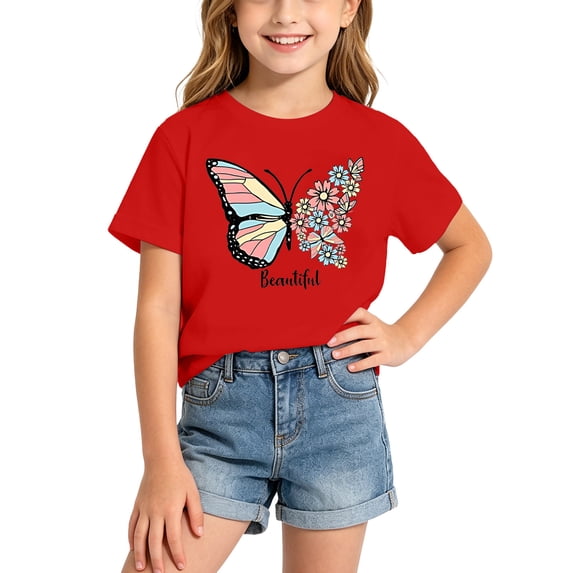 Hiijoy Girls Red Tshirt Butterfly Graphic Loose Fit Short Sleeves O Neck T-Shirt, Sizes 2-14
