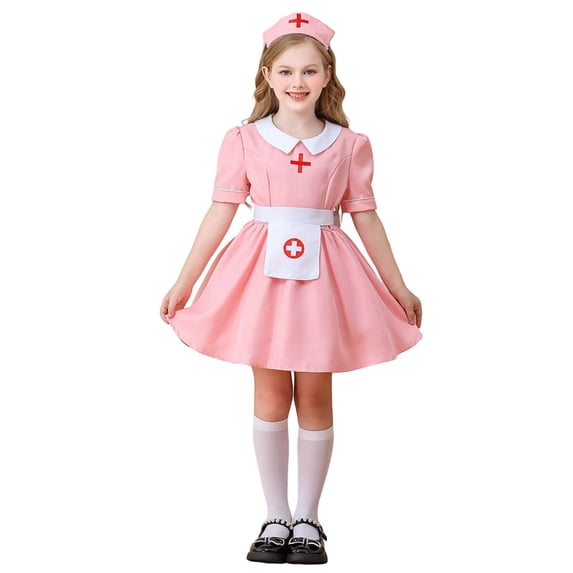 Hiijoy Girls Role Play Outfits Nurse Puff Short Sleeve Dress with Apron Hat Outfits 3Pcs