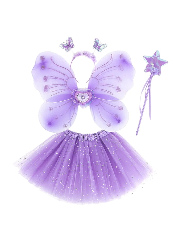 Girls Role Play Outfits Sequin Tulle Skirt Butterfly Wings Headband Set 4 Piece