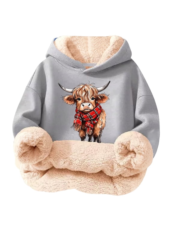 Girls Soft Sherpa Hoodie Cute Cow Graphic Pullover Sweatshirt, Sizes 3-16