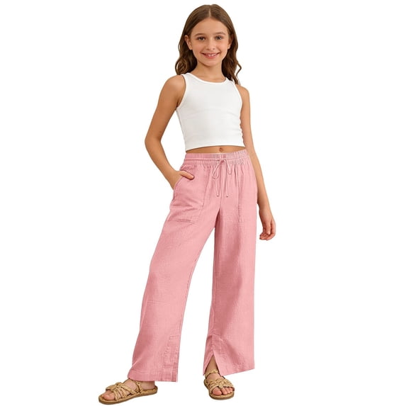 Hiijoy Girls Solid Color Casual Pants Elastic Waist Drawstring Pants Side Slit Trousers