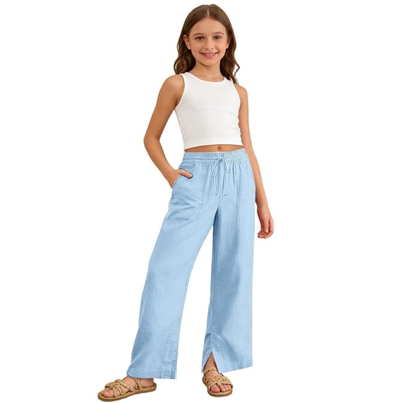 Hiijoy Girls Solid Color Casual Pants Elastic Waist Drawstring Pants Side Slit Trousers