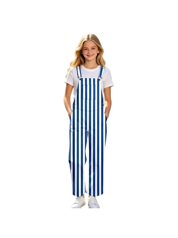Girls Striped Overalls Adjustable Straps Suspender Pants with Pocket Kids Casual Bib Overalls