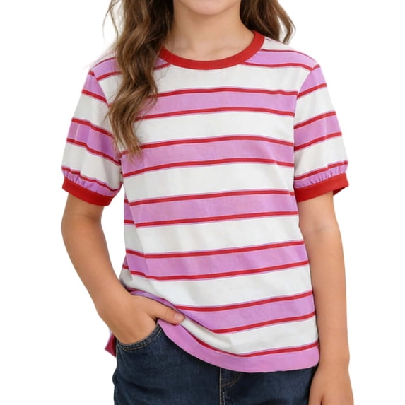 Hiijoy Girls Striped Short Sleeve T Shirt Casual Crew Neck Tshirt Summer Tee, Sizes 4-14