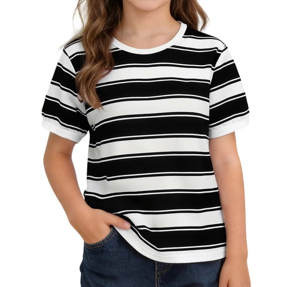 Hiijoy Girls Striped Short Sleeve T Shirt Casual Round Neck T-Shirt Tee Top, Sizes 4-14