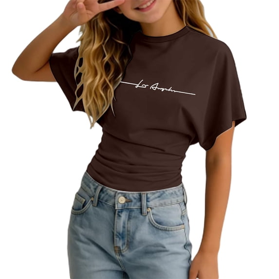 Hiijoy Girls Stylish Graphic T Shirt Short Sleeve Crewneck Ruched Waist T-Shirt Tee, Sizes 3-14